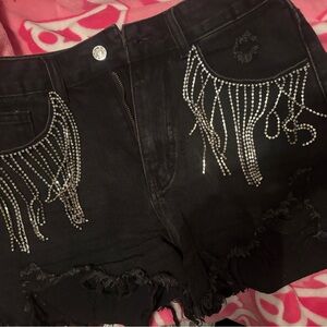 Black Denim Shorts with Silver Rhinestone Fringe